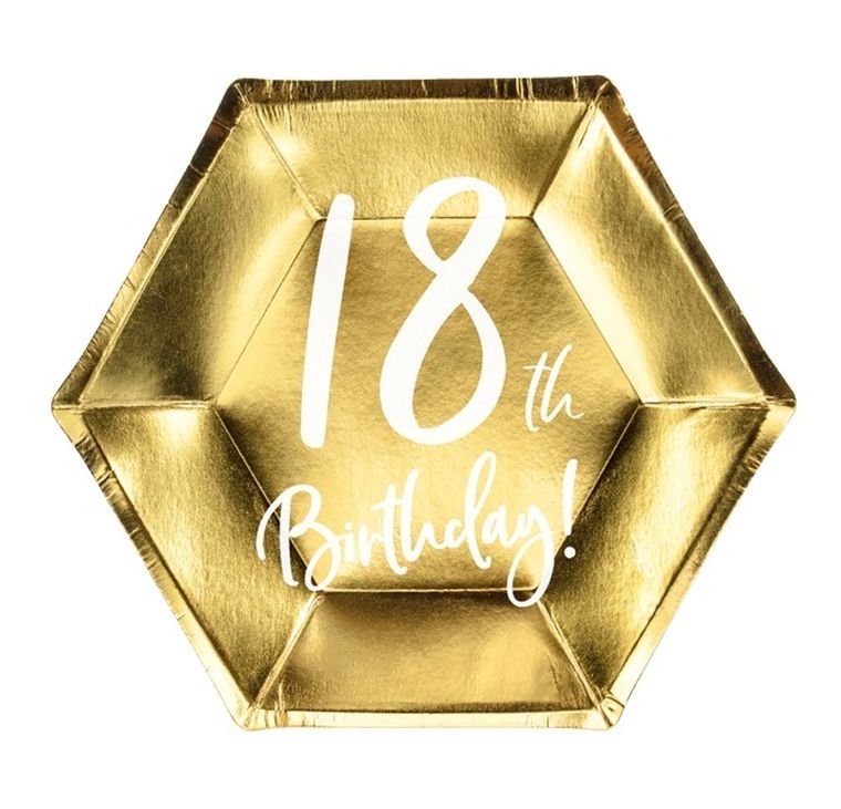 PartyDeco, talerzyki papierowe 18th Birthday, złote, 20 cm, 6 szt.