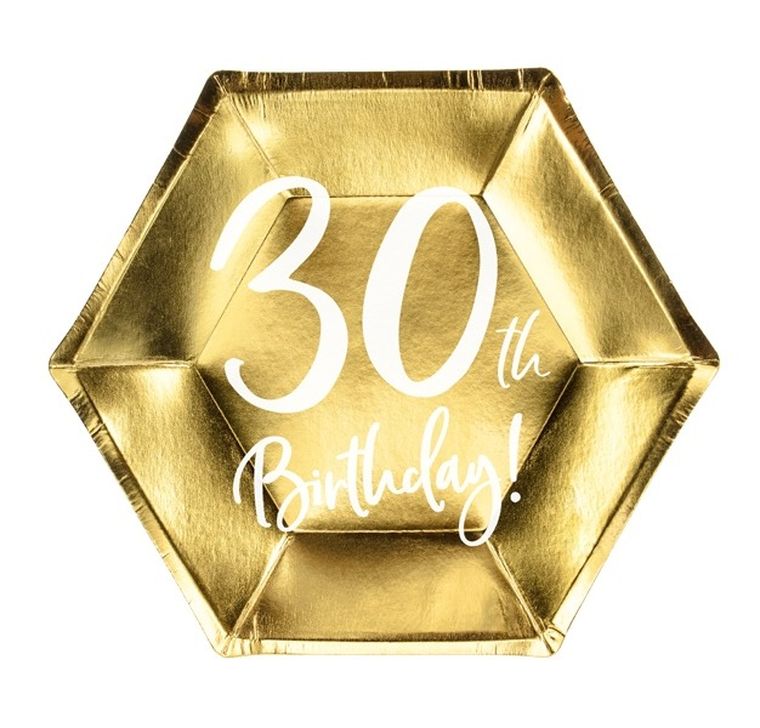 PartyDeco, talerzyki papierowe, 30th Birthday, złote, 20 cm, 6 szt.