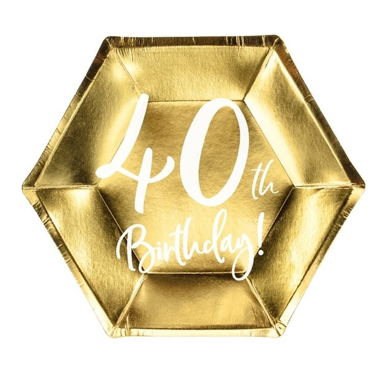 PartyDeco, talerzyki papierowe, 40th Birthday, złote, 20 cm, 6 szt.