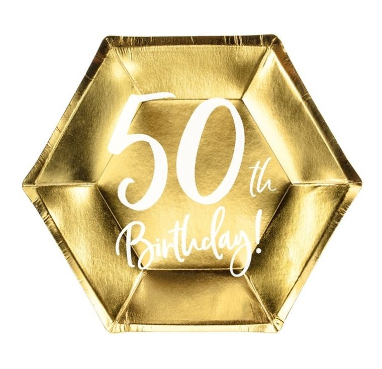PartyDeco, talerzyki papierowe 50th Birthday, złote, 20 cm, 6 szt.