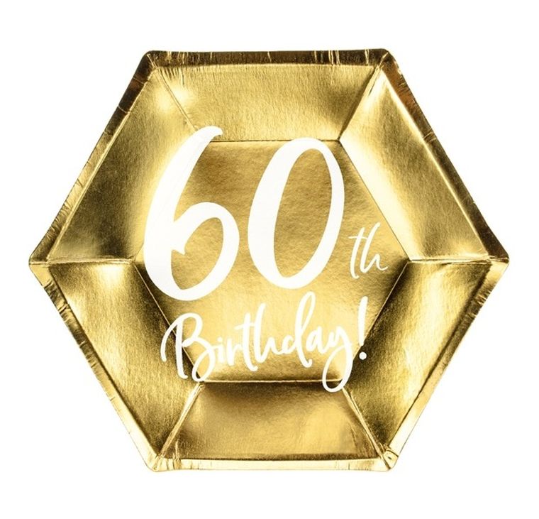 PartyDeco, talerzyki papierowe, 60th Birthday, złote, 20 cm, 6 szt.
