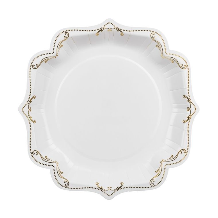 PartyDeco, talerzyki papierowe z ornamentem, białe, 26 cm, 6 szt.