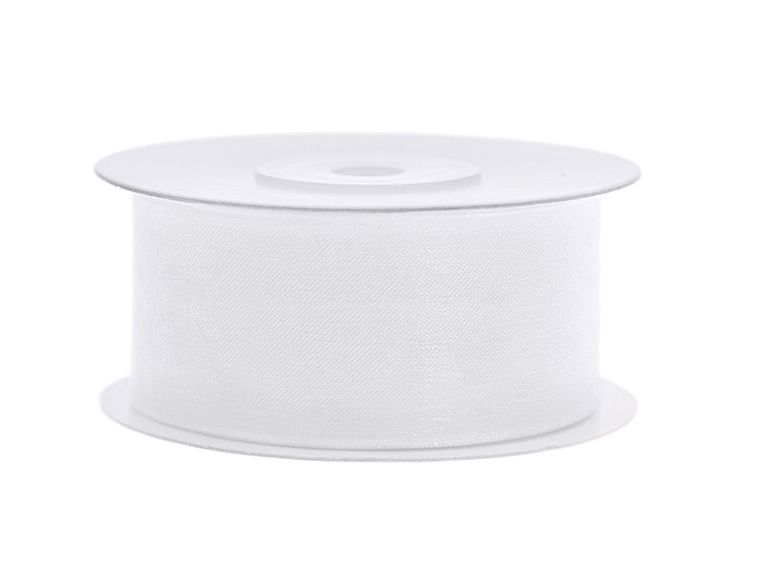 PartyDeco, tasiemka ozdobna szyfonowa, biała, 38 mm, 25 m