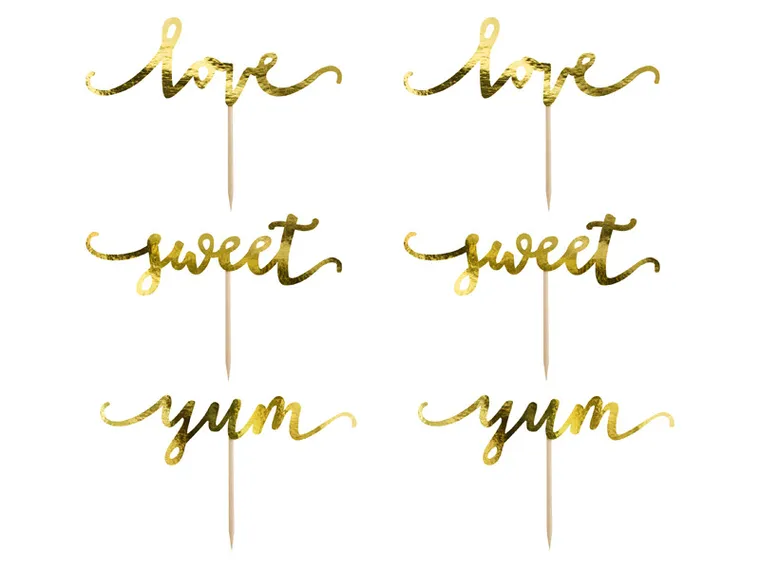 PartyDeco, toppery, dekoracje do muffinek, Love, złoty, 13 cm, 6 szt.