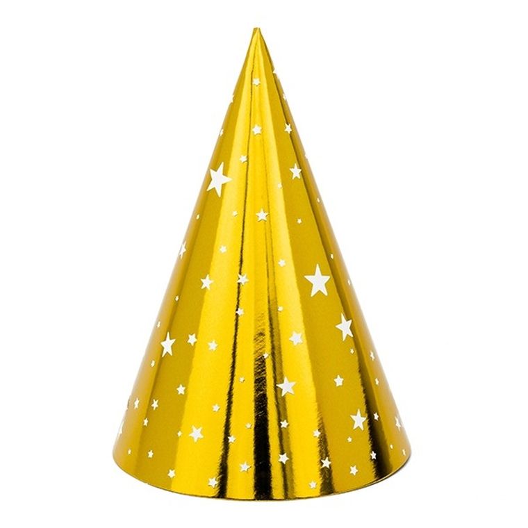 PartyDeco, urodzinowe czapeczki, gwiazdki, złote, 6 szt.