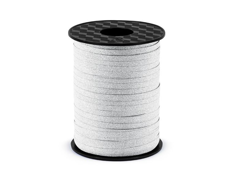 PartyDeco, wstążka ozdobna plastikowa do dekoracji prezentów, srebrny, 5 mm, 225 m