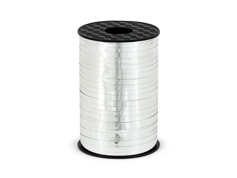 PartyDeco, wstążka ozdobna plastikowa do dekoracji prezentów, srebrny, 5 mm, 225 m