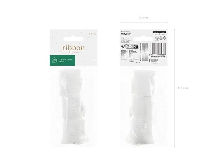 PartyDeco, wstążka szyfonowa, biały, 40 mmx5m, 3 szt.