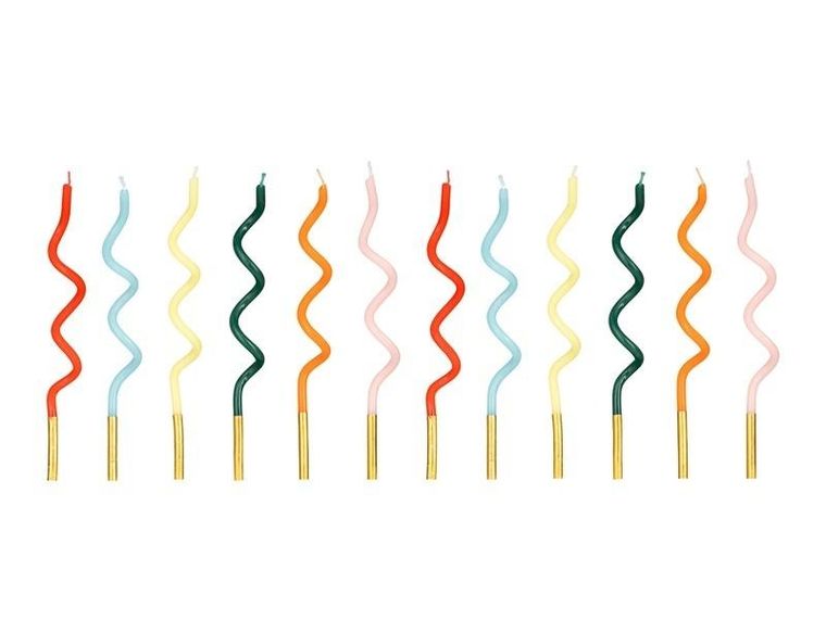 PartyDeco, zakręcone świeczki urodzinowe, tęcza, 14 cm, 12 szt.