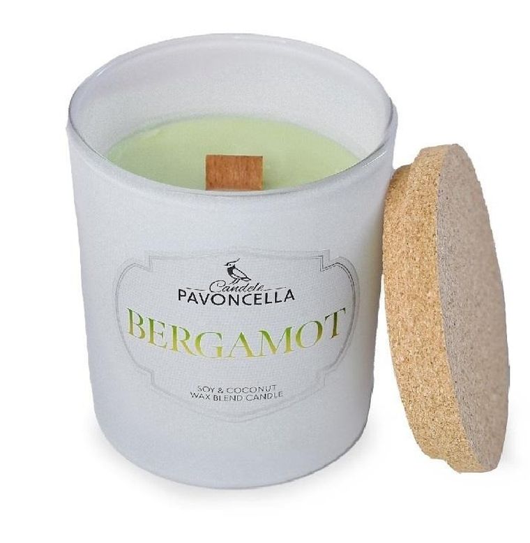 Pavoncella, świeczka sojowa, Bergamot, biała, 135g
