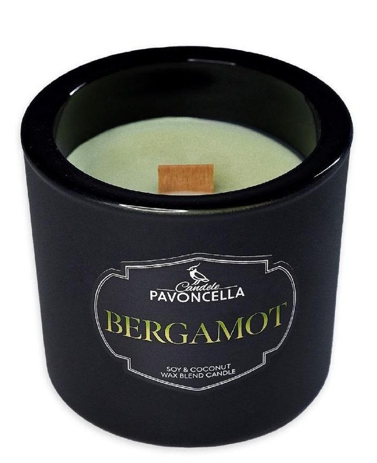 Pavoncella, świeczka sojowa, Bergamot, czarna, 170g