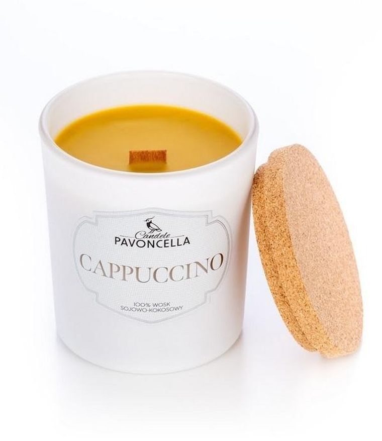 Pavoncella, świeczka sojowa, Cappuccino, biała, 135g