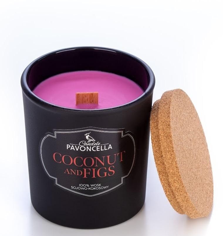 Pavoncella, świeczka sojowa, Coconut and Figs, czarna, 135g