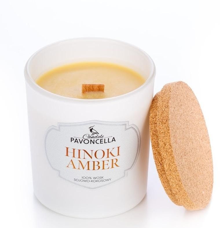 Pavoncella, świeczka sojowa, Hinoki Amber, biała, 135g