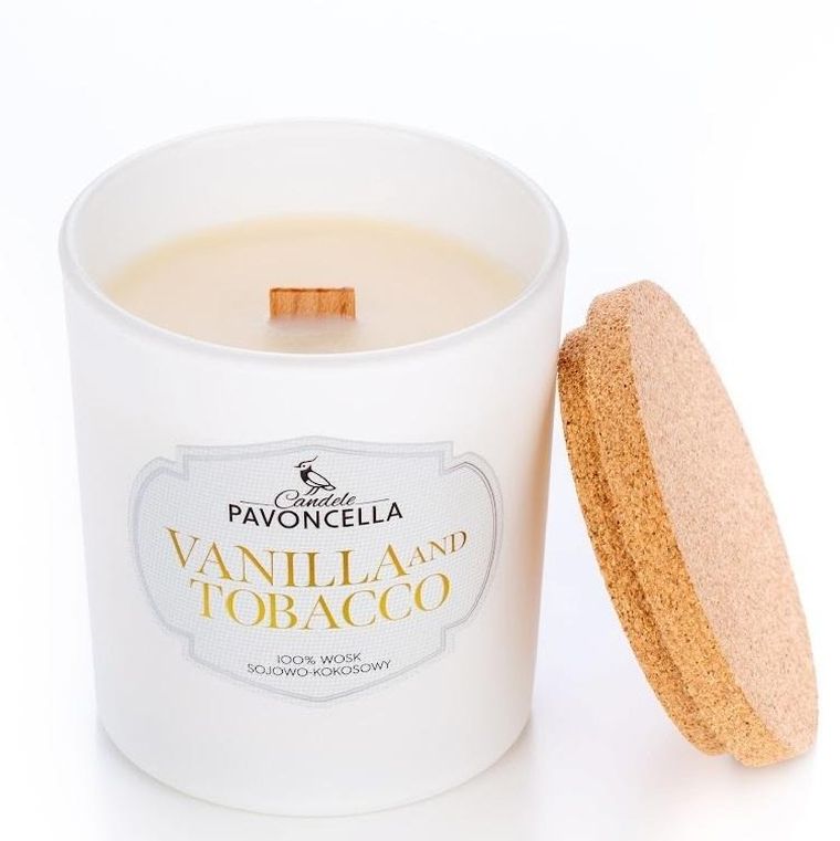 Pavoncella, świeczka sojowa, Vanilla and Tobacco, biała, 135g