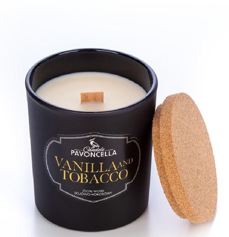 Pavoncella, świeczka sojowa, Vanilla and Tobacco, czarna, 135g