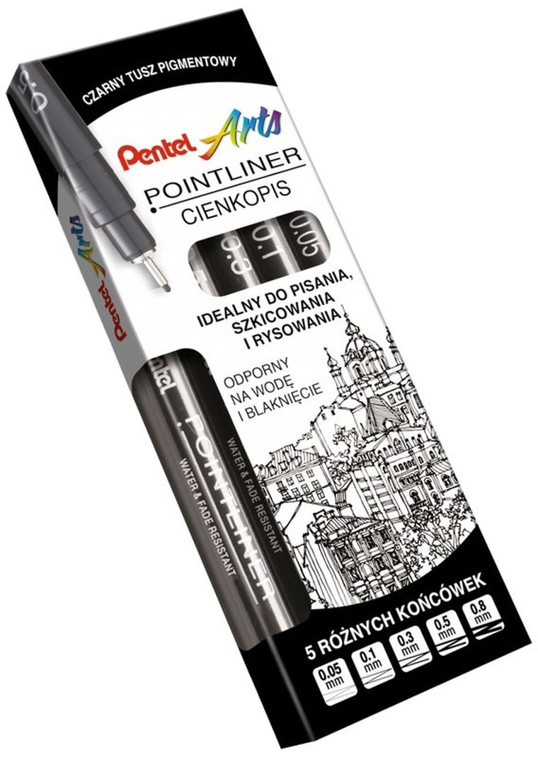 Pentel, cienkopisy Pointliner, czarne, 5 grubości, 5 szt.