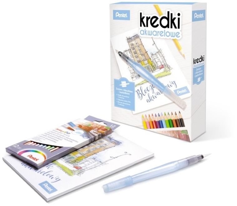 Pentel, kredki CB9 12, pędzelek i bloczek