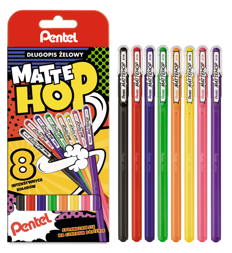 Pentel, MatteHop, długopisy żelowe, 8 kolorów
