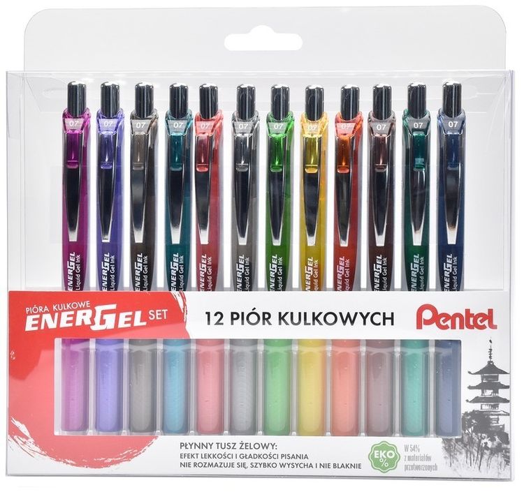 Pentel, pióro kulkowe, Energel, automatyczne, 0,7 mm, 12 szt.