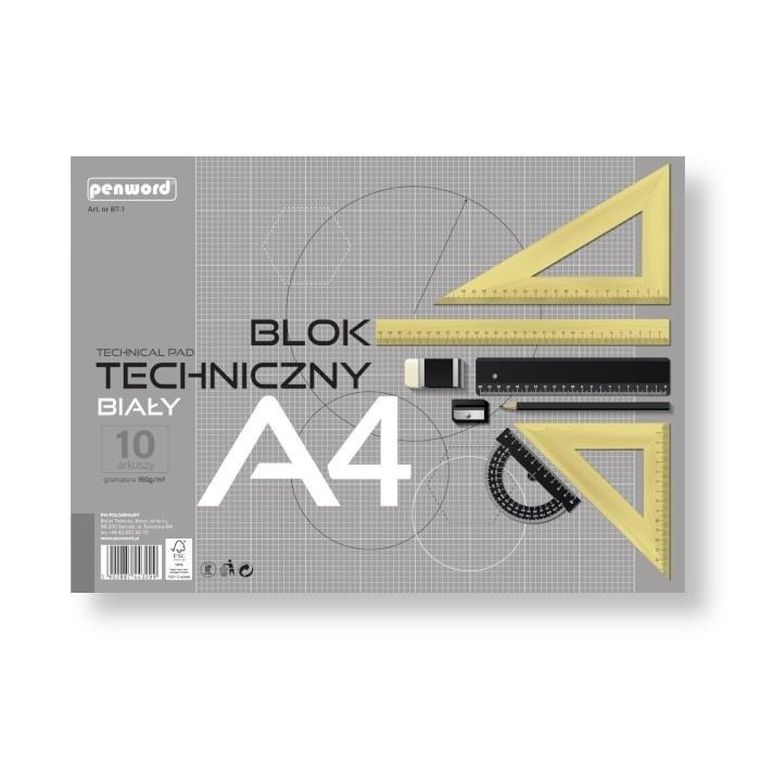 Penword, blok techniczny, biały, A4, premium, 160g, 10 arkuszy