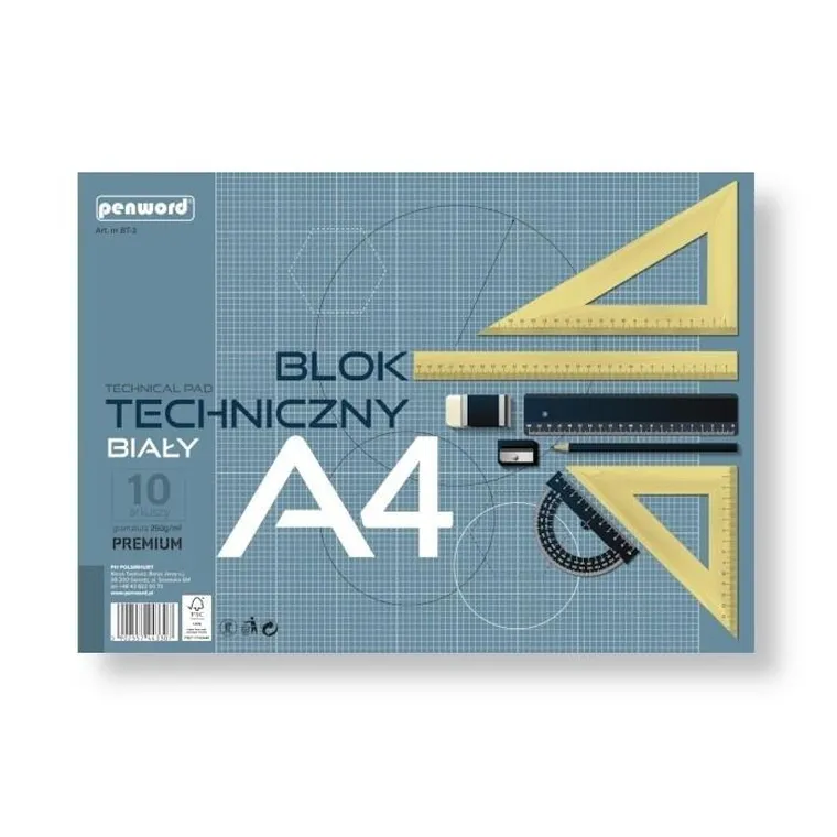 Penword, blok techniczny, biały, A4, premium, 250g, 10 arkuszy