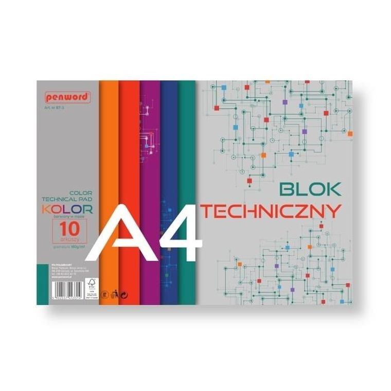 Penword, blok techniczny, kolor, A4, premium, 180g, 10 arkuszy