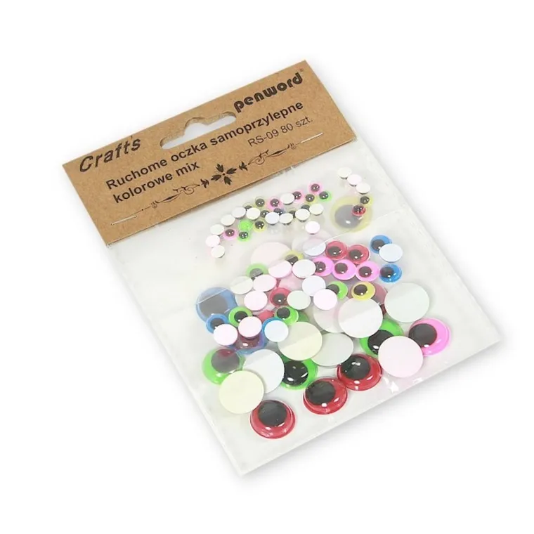 Penword, dekoracje, ruchome oczka, samoprzylepne, kolorowe, 5 mm, 8 mm, 15 mm, 80 szt.