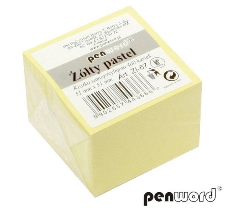 Penword, kostka samoprzylepna, pastel żółty, 51-51 mm, 400K