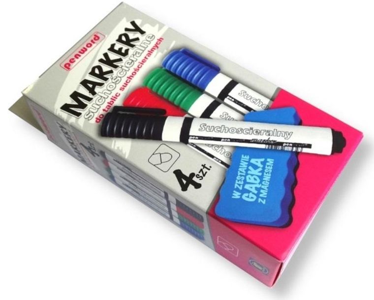Penword, markery suchościeralne, 4 kolory + gąbka