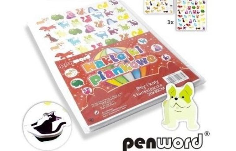 Penword, naklejki piankowe, koty i psy, 20-30 cm, 5 szt.