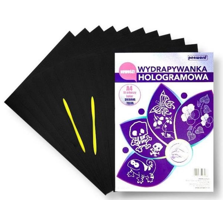Penword, wydrapywanka hologramowa, srebrna tęcza, A4, 10 arkuszy + 2 rylce