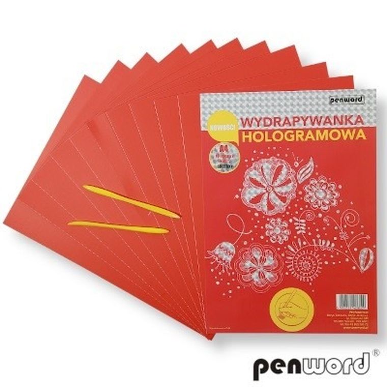 Penword, wydrapywanka hologramowa, srebrno-czerwona, A4, 10 arkuszy + 2 rylce