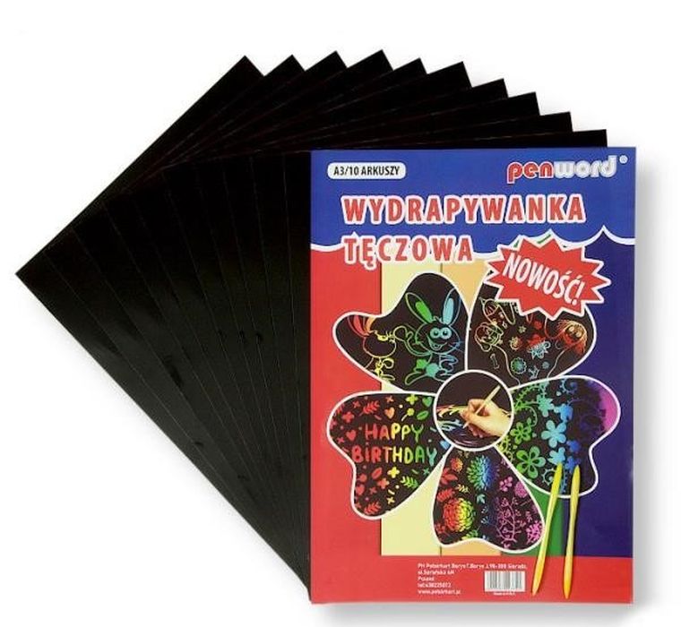 Penword, wydrapywanka tęczowa, A3, 10 arkuszy + 2 rylce