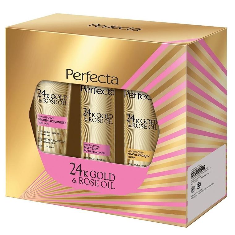 Perfecta, 24k gold & rose oil, zestaw prezentowy, peeling drobnoziarnisty, mleczko i tonik