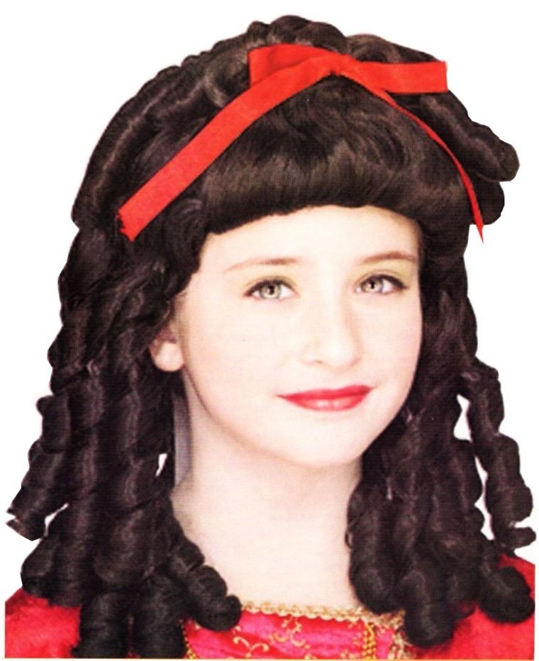 Peruka, czarne długie loki, z czerwoną kokardą