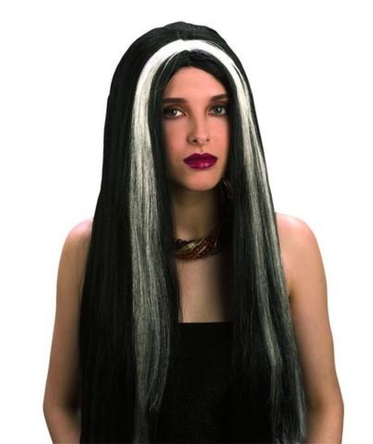 Peruka, czarownica, długa, czarna z białym pasmem