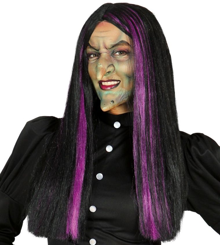 Peruka, długa, czarownica, czarna z fioletowym pasmem