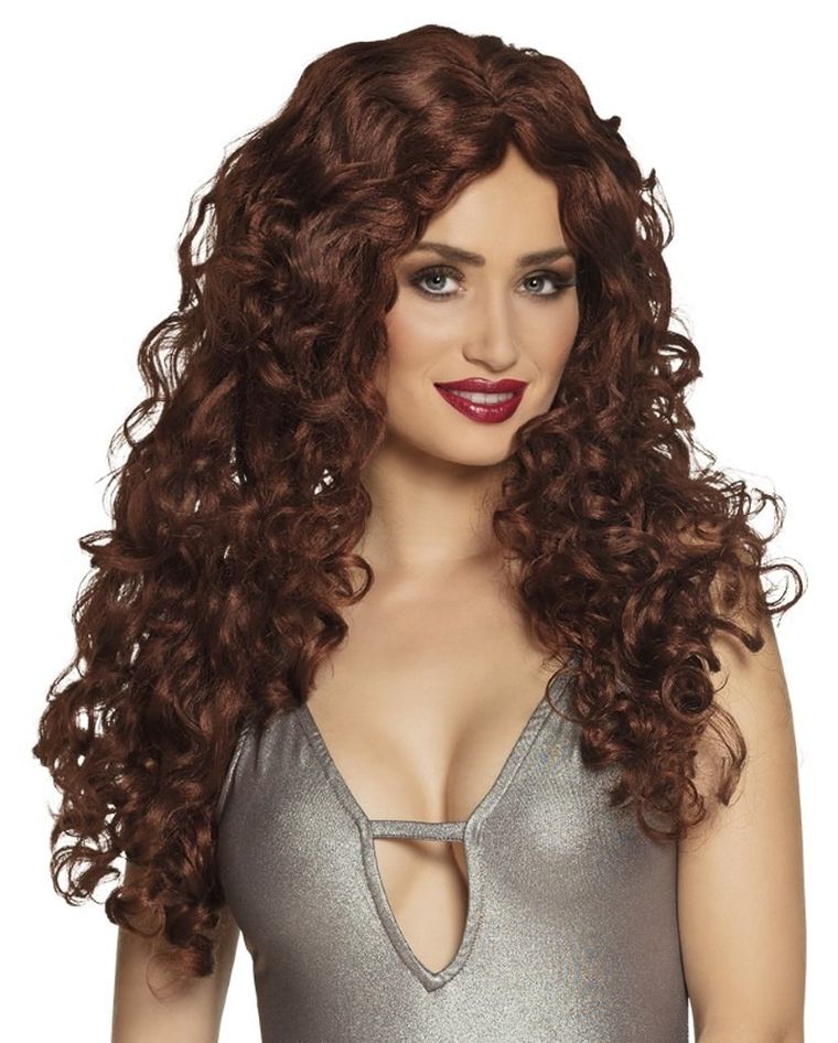 Peruka, długa, loki, brązowa