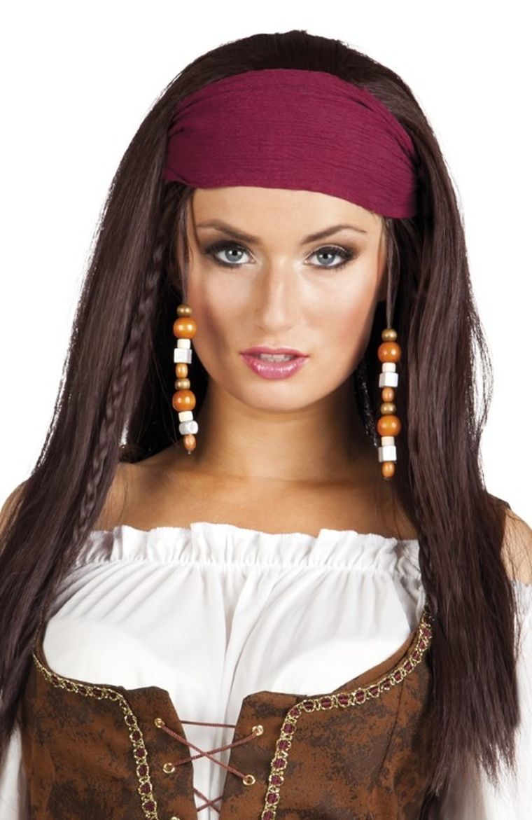 Peruka, długa, piratki z bandamką, brązowa