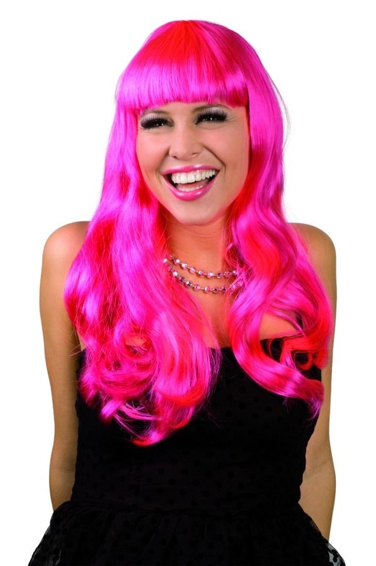 Peruka długa z grzywką, fale, różowa