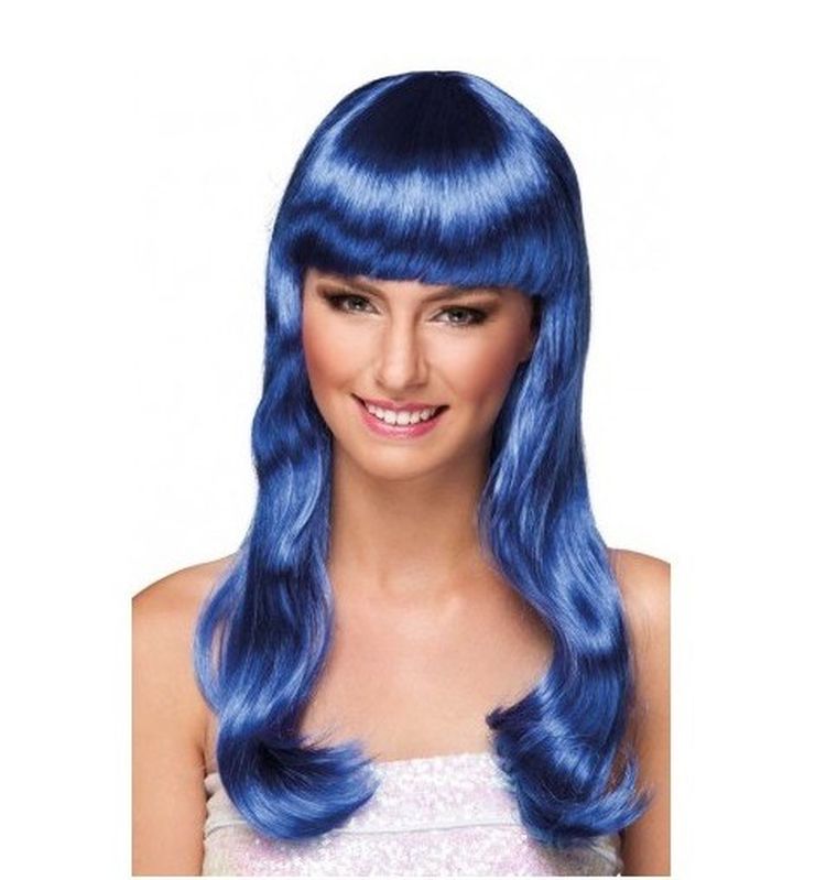 Peruka, długa, z grzywką, niebieska