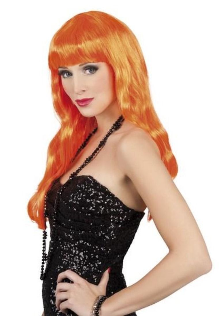 Peruka, długa, z grzywką, pomarańczowa