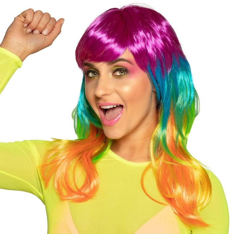 Peruka długa z grzywką, tęczowa, lata 80-te, disco