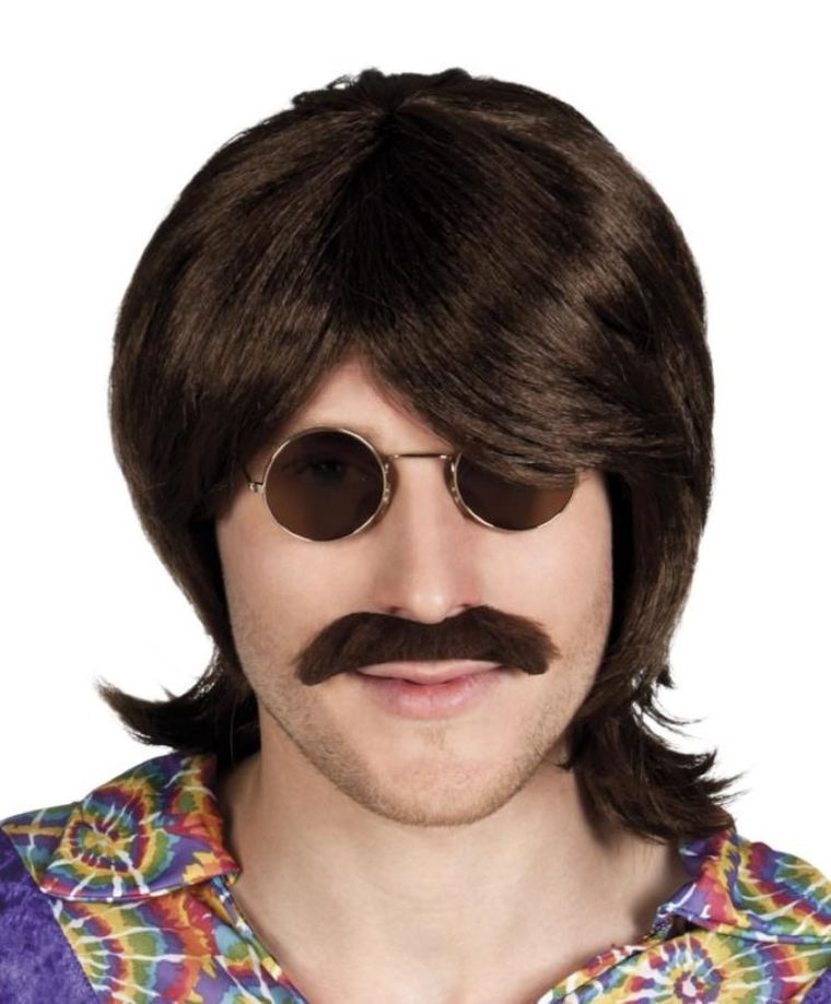 Peruka, John Lennon, z wąsami, brązowa