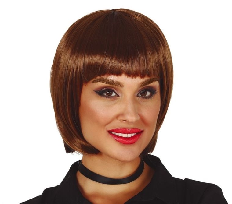 Peruka krótka, brązowa z grzywką, bob