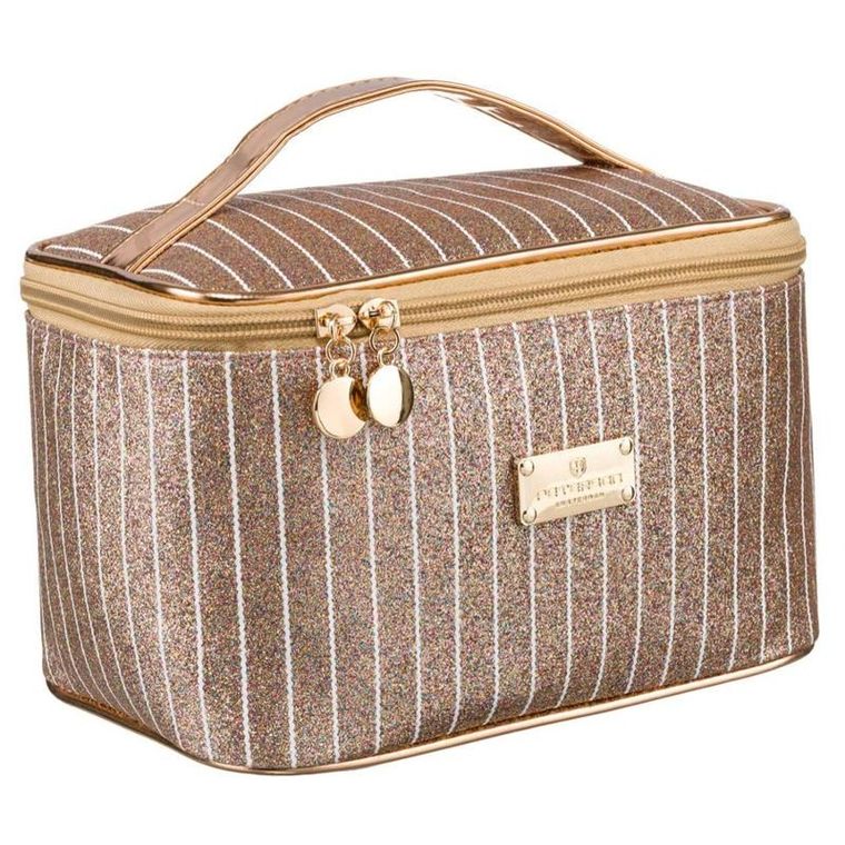 Peterson, kosmetyczka kuferek, brokatowa złota