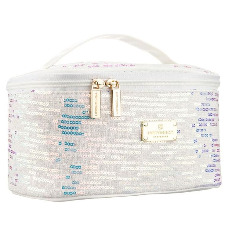 Peterson, kosmetyczka kuferek, cekinowa, biała