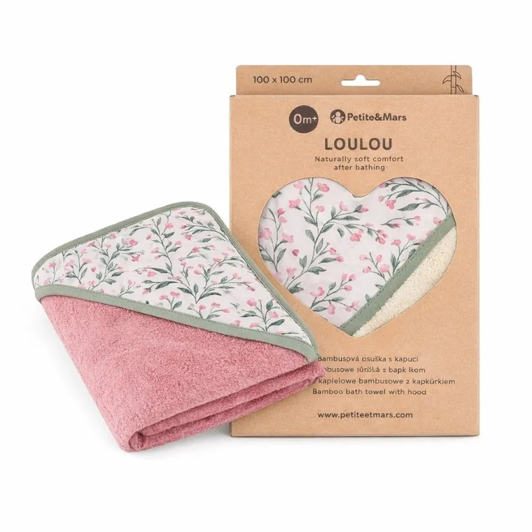 Petite&Mars, Loulou, okrycie kąpielowe bambusowe z kapturkiem, Pink Meadow, 100-100 cm