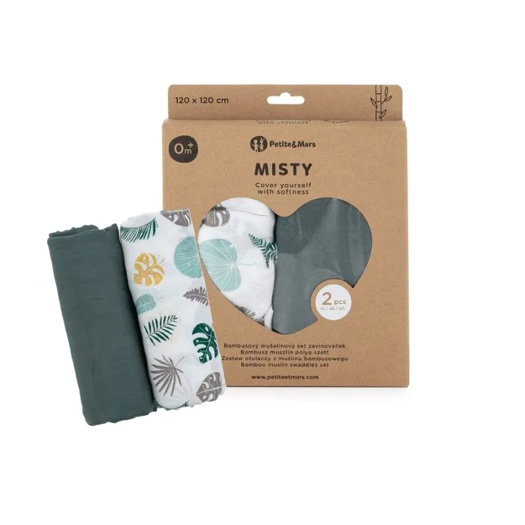 Petite&Mars, Misty, otulacz z muślinu bambusowego, Green Leaves, 120-120 cm, 2 szt.